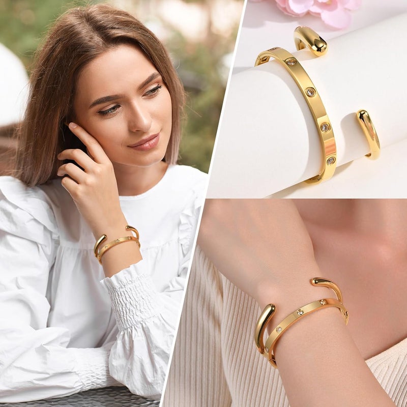 MPRAINBOW Gold Bracelets for Women, 2Pcs 18K Gold Plated Cubic Zirconia Bangle Crystal Friendship Bracelet Jewelry,Wedding Party Christmas Birthday Gifts for Her Girlfriend Sister Daughter - Image 2